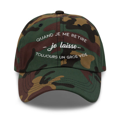 Casquette Baseball, brodée « Quand je me retire, je laisse toujours un gros vide », en Camouflage Vert, vue de face, image 6