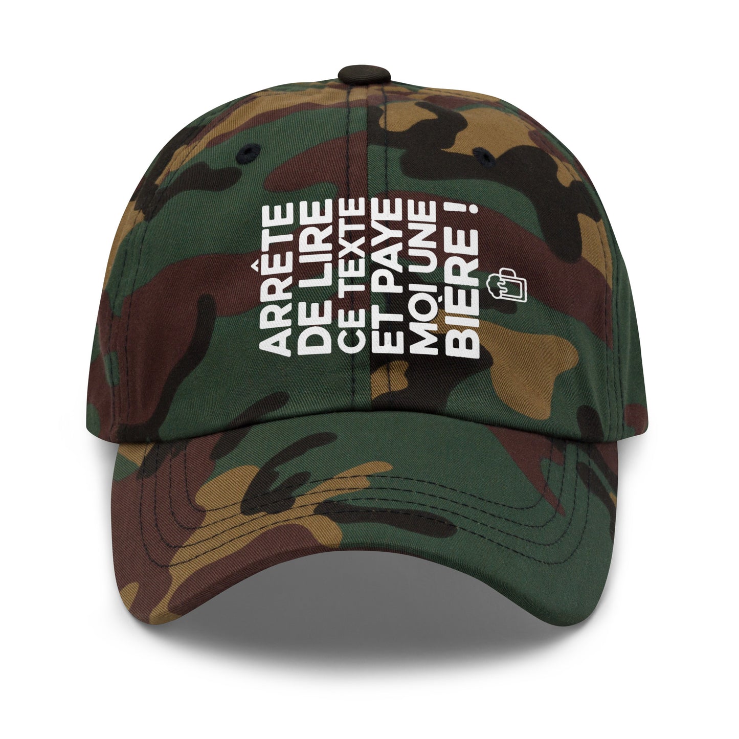 Casquette Baseball, brodée « Arrête de lire ce texte et paye moi une bière », en Camouflage Vert, vue de face, image 26