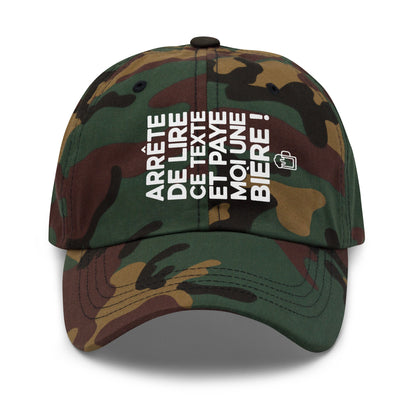 Casquette Baseball, brodée « Arrête de lire ce texte et paye moi une bière », en Camouflage Vert, vue de face, image 26