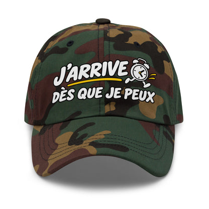 Casquette Baseball, brodée « J'arrive dès que je peux », en Camouflage Vert, vue de face, image 25