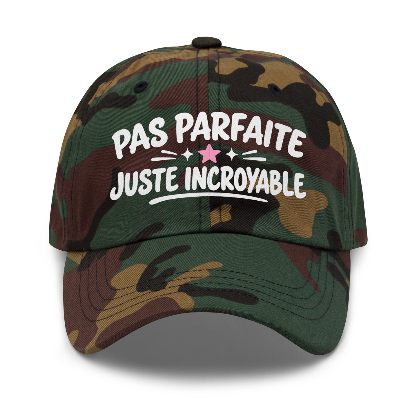 Casquette Baseball, brodée « Pas parfaite, juste incroyable », en Camouflage Vert, vue de face, image 25