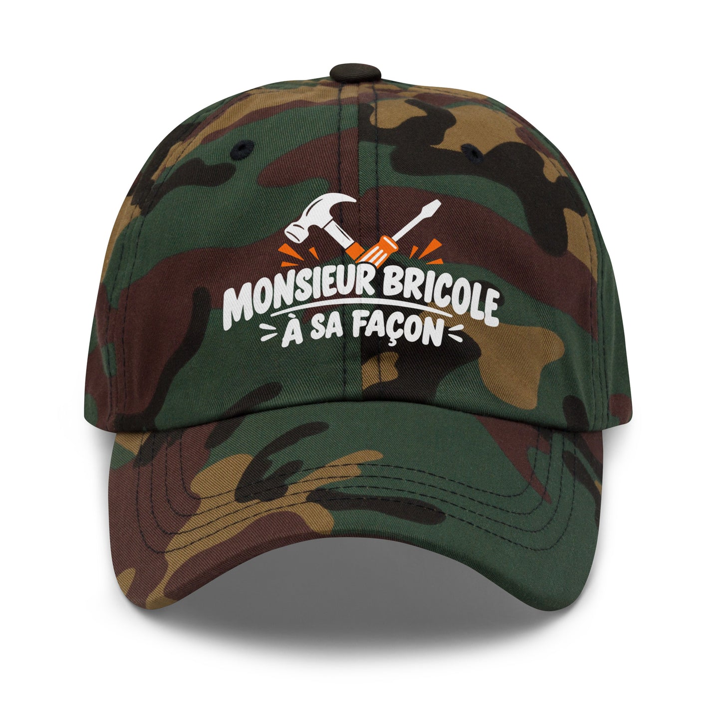 Casquette Baseball, brodée « Monsieur bricole, à sa façon », en Camouflage Vert, vue de face, image 25