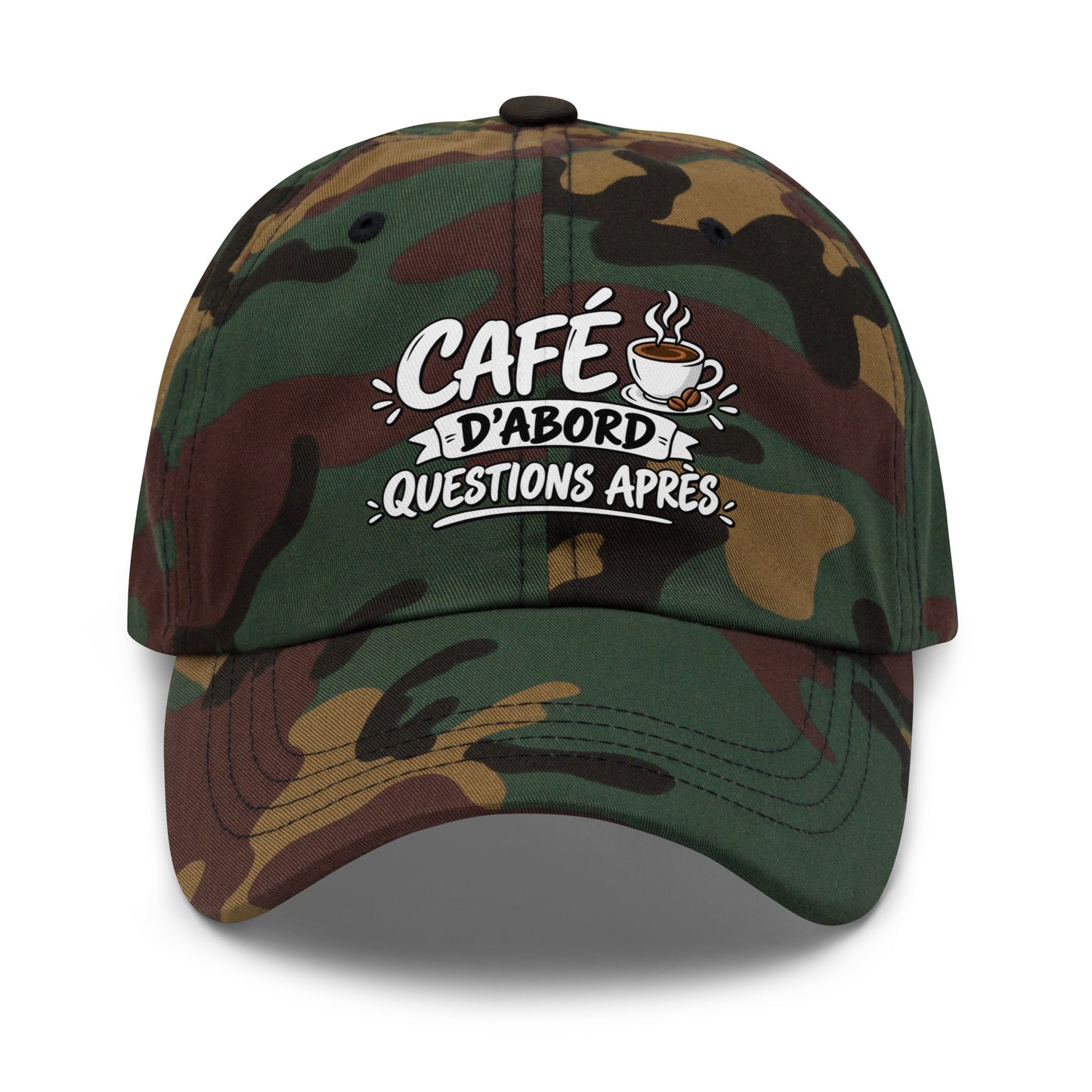 Casquette Baseball, brodée « Café d'abord, questions après », en Camouflage Vert, vue de face, image 26