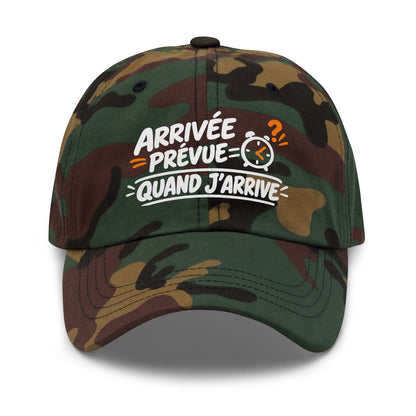 Casquette Baseball, brodée « Arrivée prévue ? quand j'arrive », en Camouflage Vert, vue de face, image 26