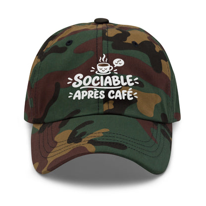 Casquette Baseball, brodée « Sociable après café », en Camouflage Vert, vue de face, image 25