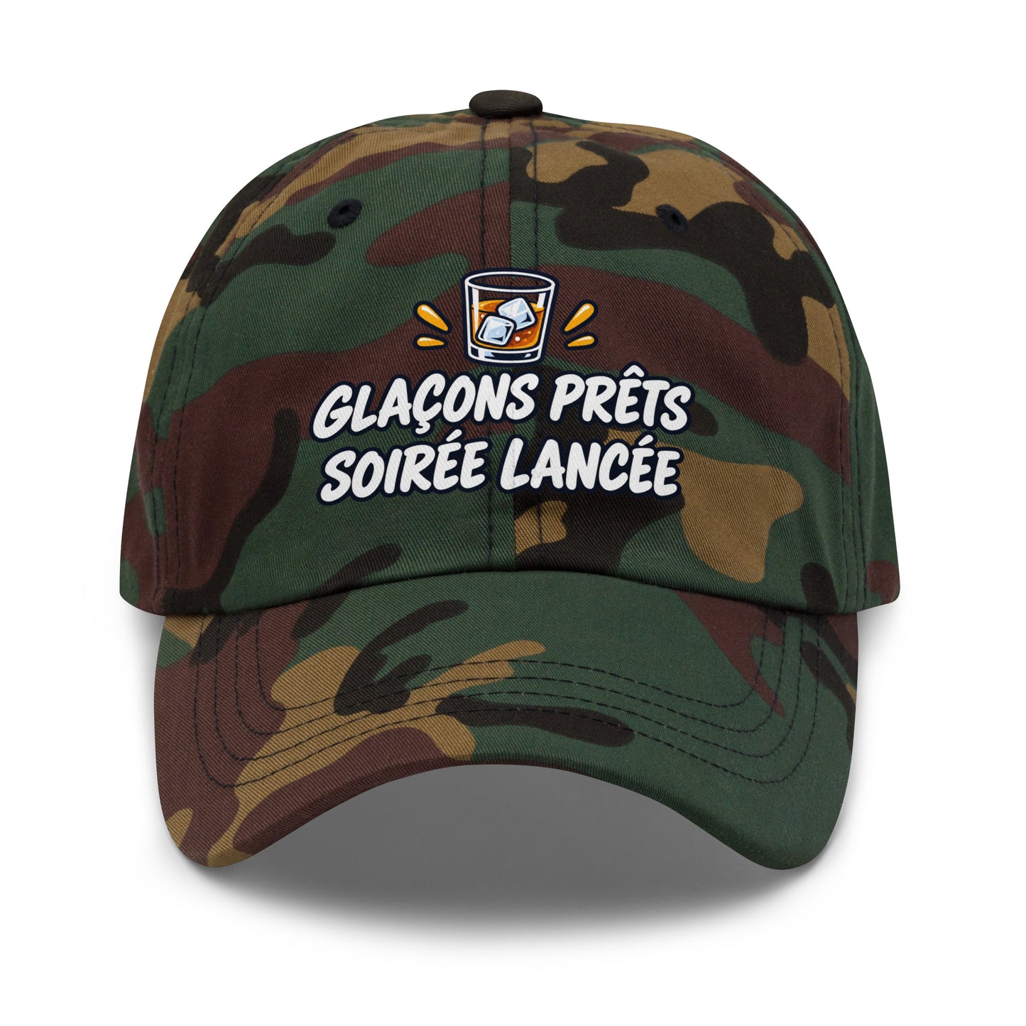 Casquette Baseball, brodée « Glaçons prêts, soirée lancée », en Camouflage Vert, vue de face, image 26