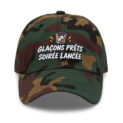 Casquette Baseball, brodée « Glaçons prêts, soirée lancée », en Camouflage Vert, vue de face, image 26
