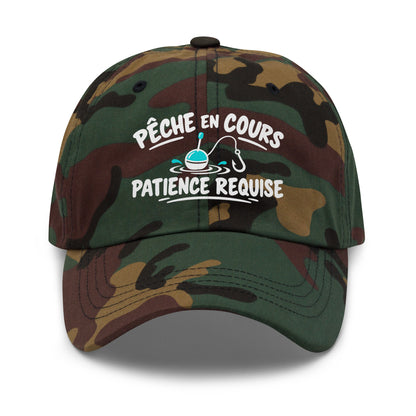 Casquette Baseball, brodée « Pêche en cours, patience requise », en Camouflage Vert, vue de face, image 26