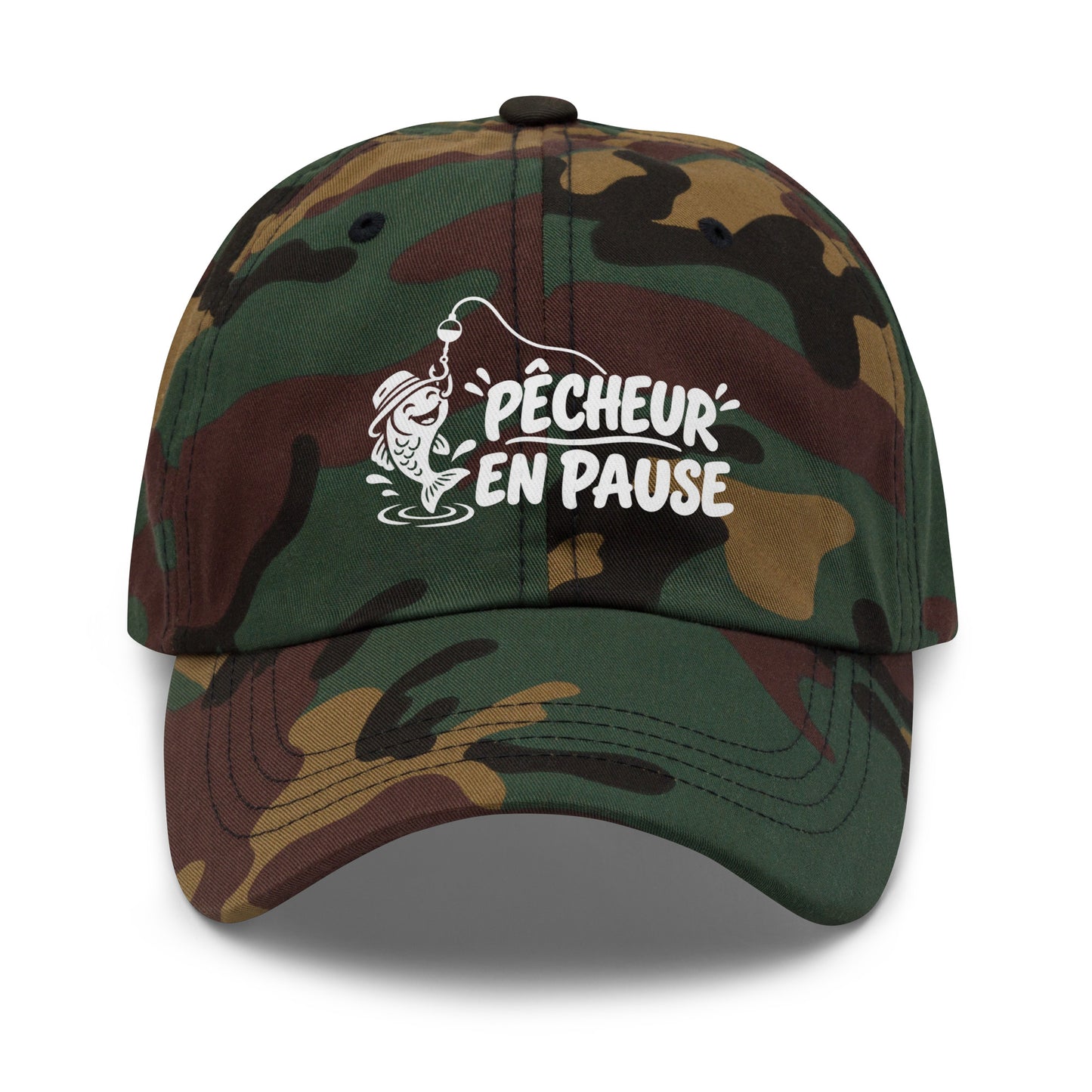 Casquette Baseball, brodée « Pêcheur en pause », en Camouflage Vert, vue de face, image 25