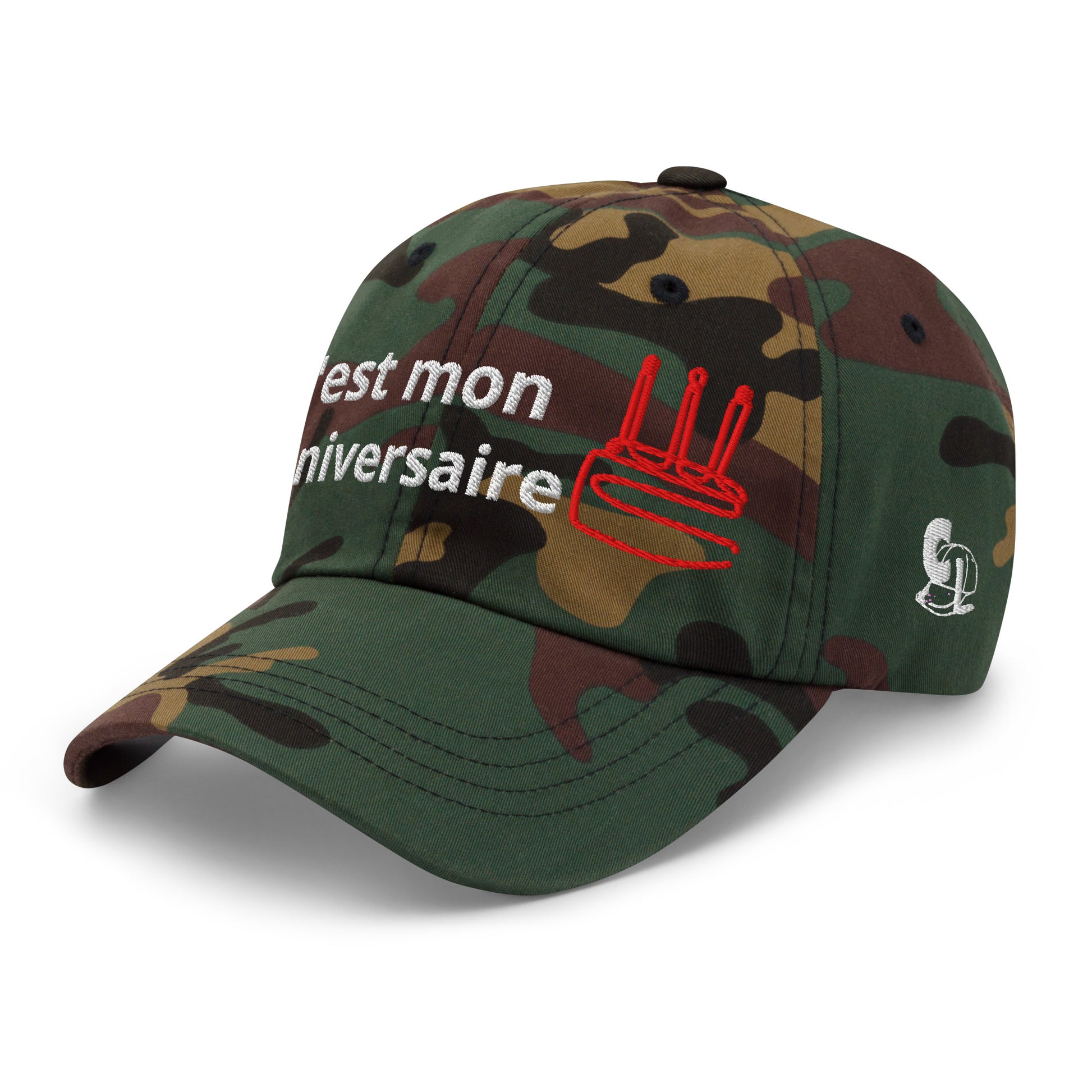 Casquette Baseball, brodée « C'est mon anniversaire », en Camouflage Vert, vue de trois quarts, image 33