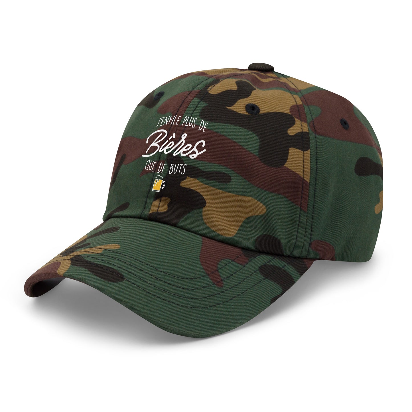Casquette Baseball, brodée « J'enfile plus de bières que de buts », en Camouflage Vert, vue de trois quarts, image 40