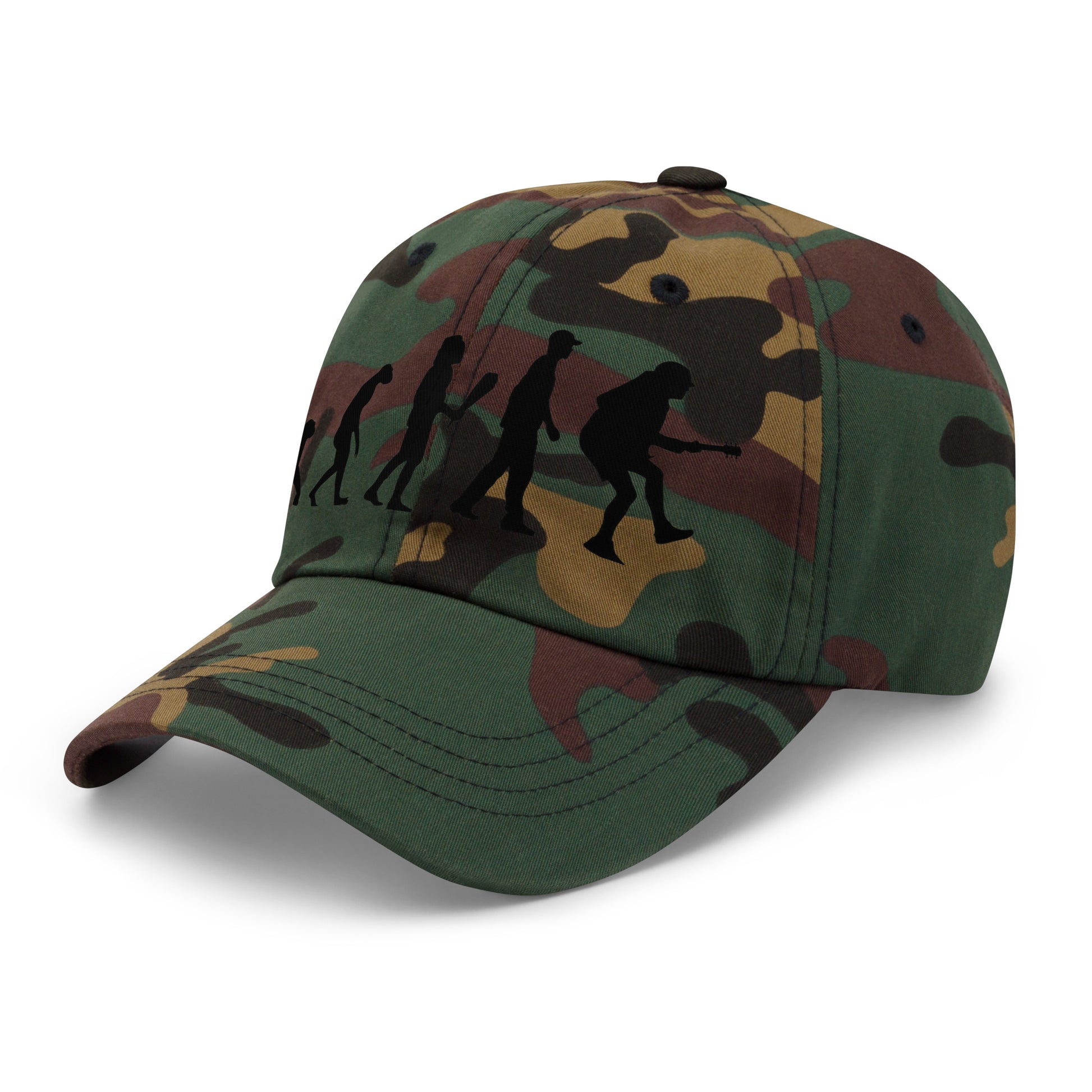 Casquette Baseball, brodée « Evolution de l'homme jusqu'à un guitariste », en Camouflage Vert, vue de trois quarts, image 38