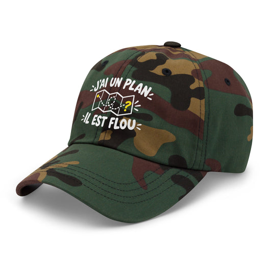 Casquette Baseball, brodée « J'ai un plan, il est flou », en Camouflage Vert, vue de trois quarts