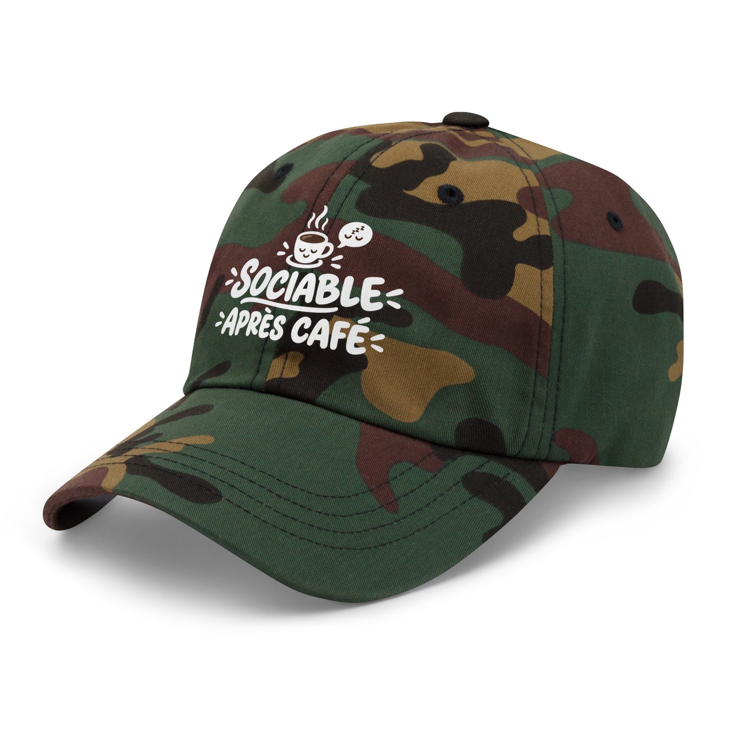 Casquette Baseball, brodée « Sociable après café », en Camouflage Vert, vue de trois quarts, image 27