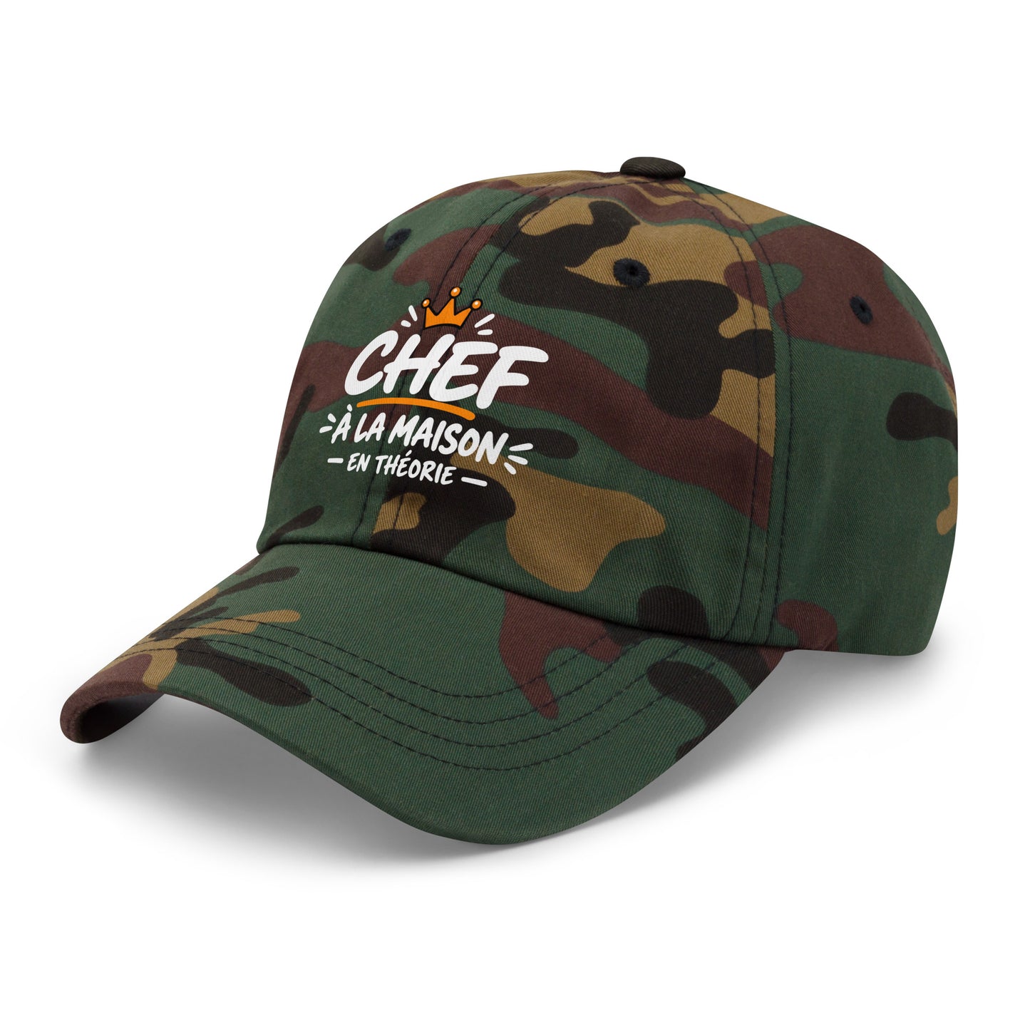 Casquette Baseball, brodée « Chef à la maison, en théorie », en Camouflage Vert, vue de trois quarts, image 28