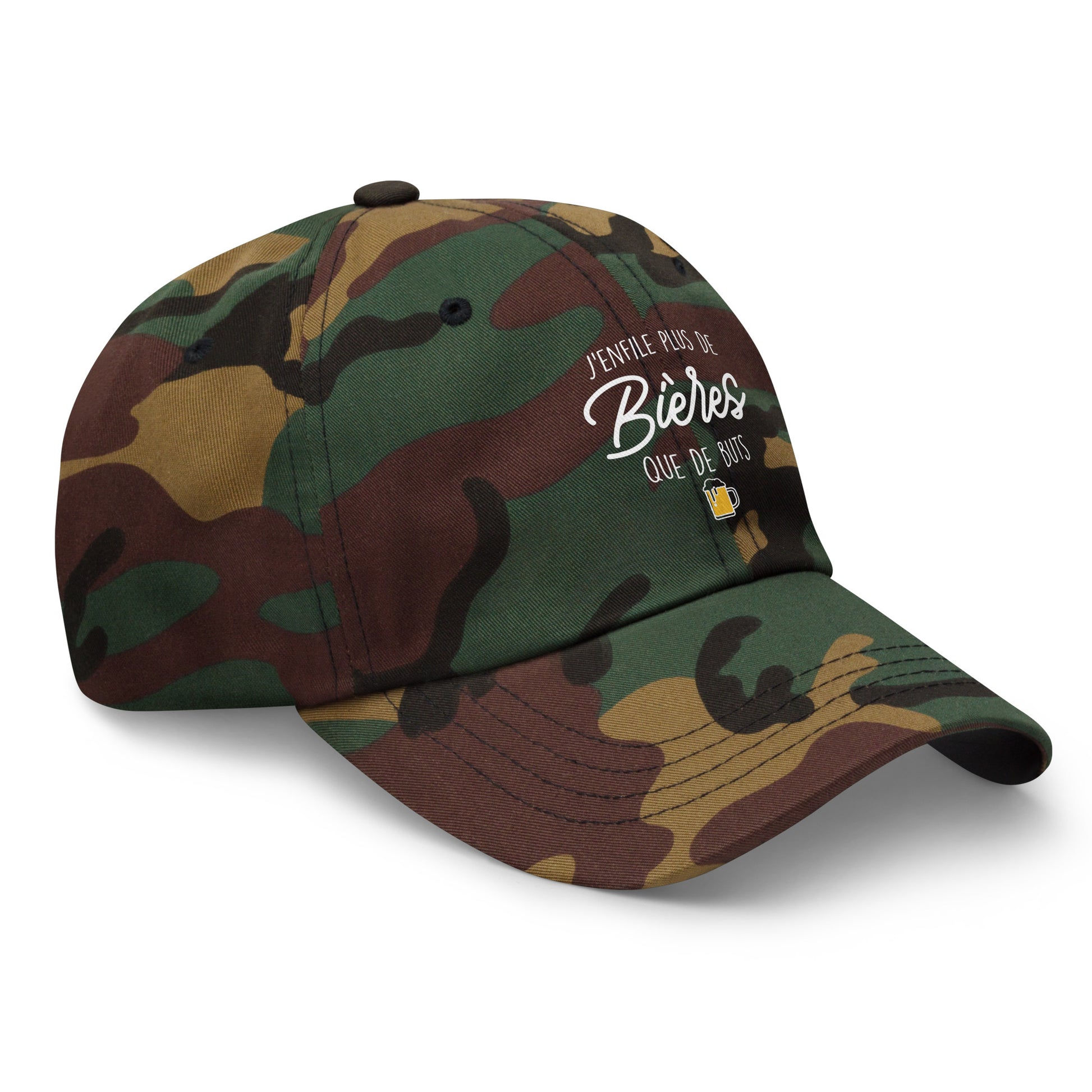 Casquette Baseball, brodée « J'enfile plus de bières que de buts », en Camouflage Vert, vue de trois quarts, image 42