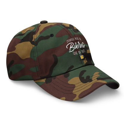 Casquette Baseball, brodée « J'enfile plus de bières que de buts », en Camouflage Vert, vue de trois quarts, image 42