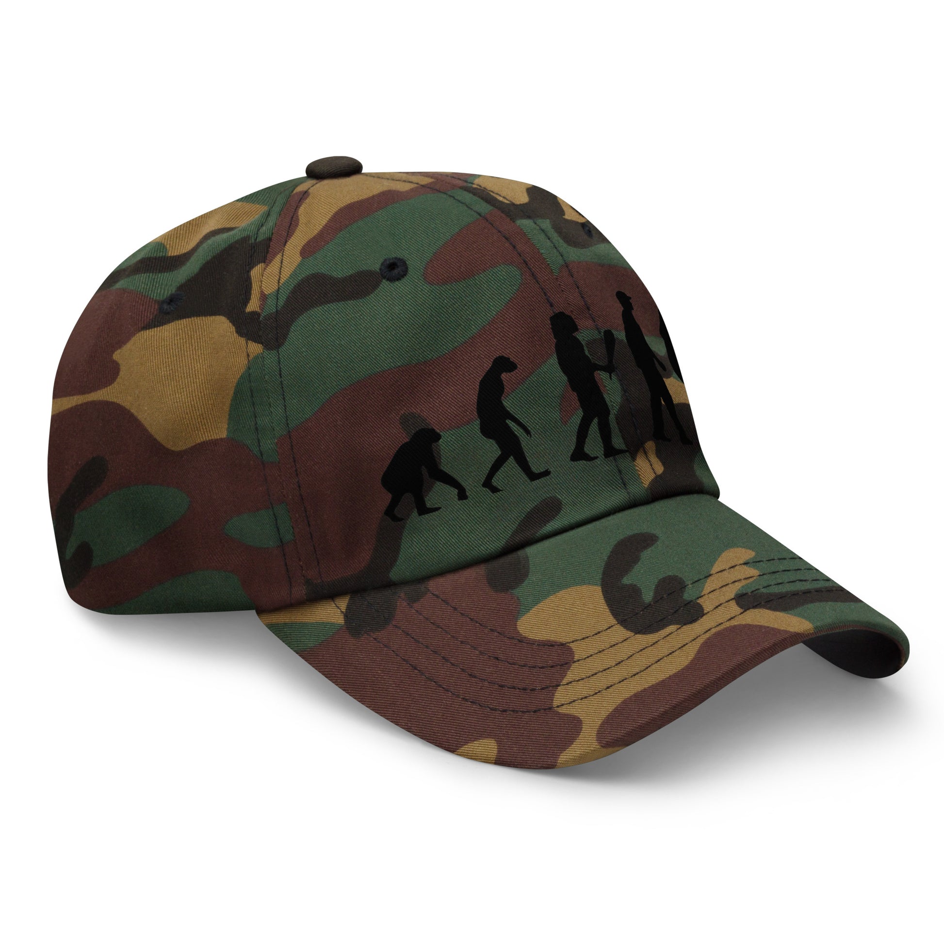 Casquette Baseball, brodée « Evolution de l'homme jusqu'à un guitariste », en Camouflage Vert, vue de trois quarts, image 40