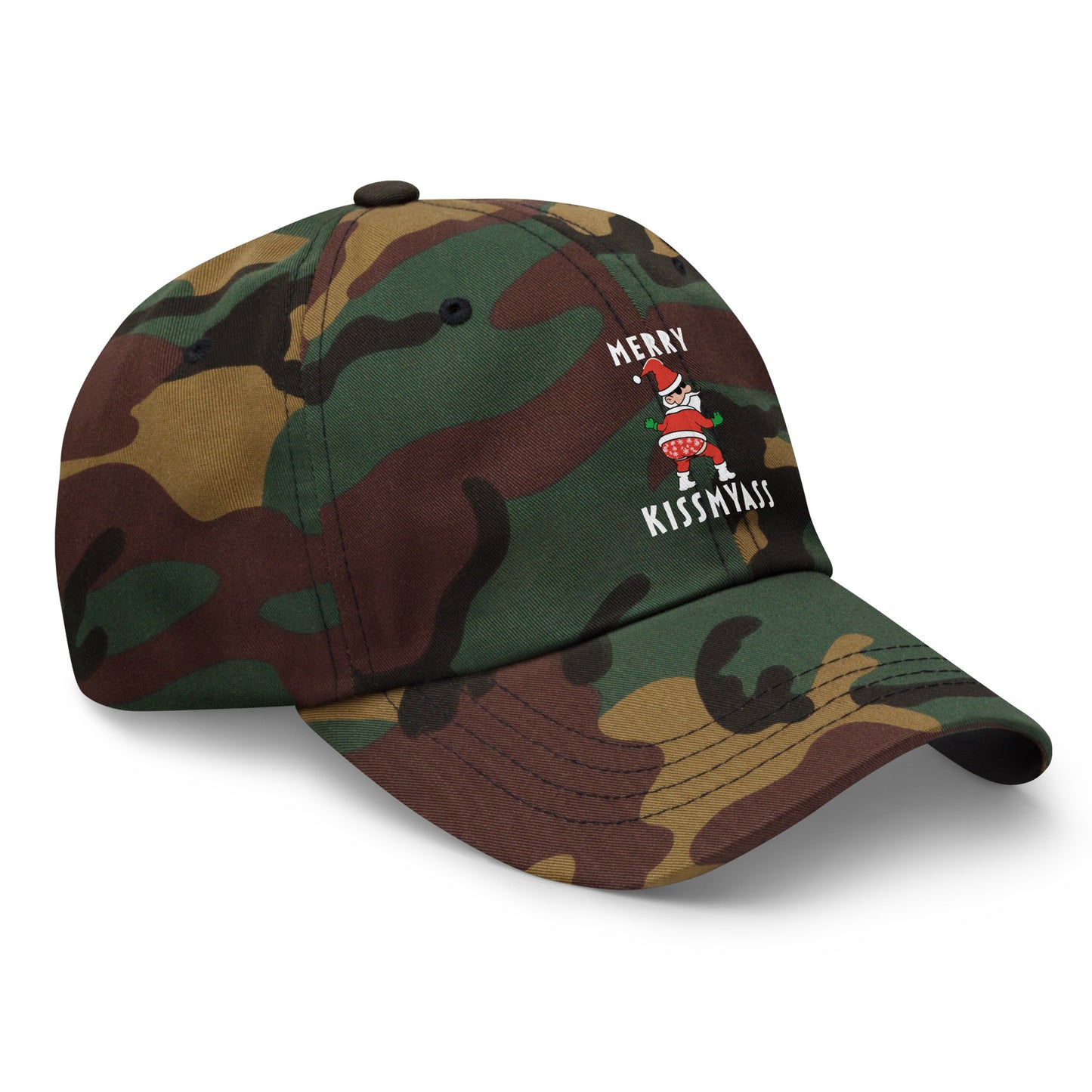 Casquette Baseball, brodée « Merry kiss my ass », en Camouflage Vert, vue de trois quarts, image 29