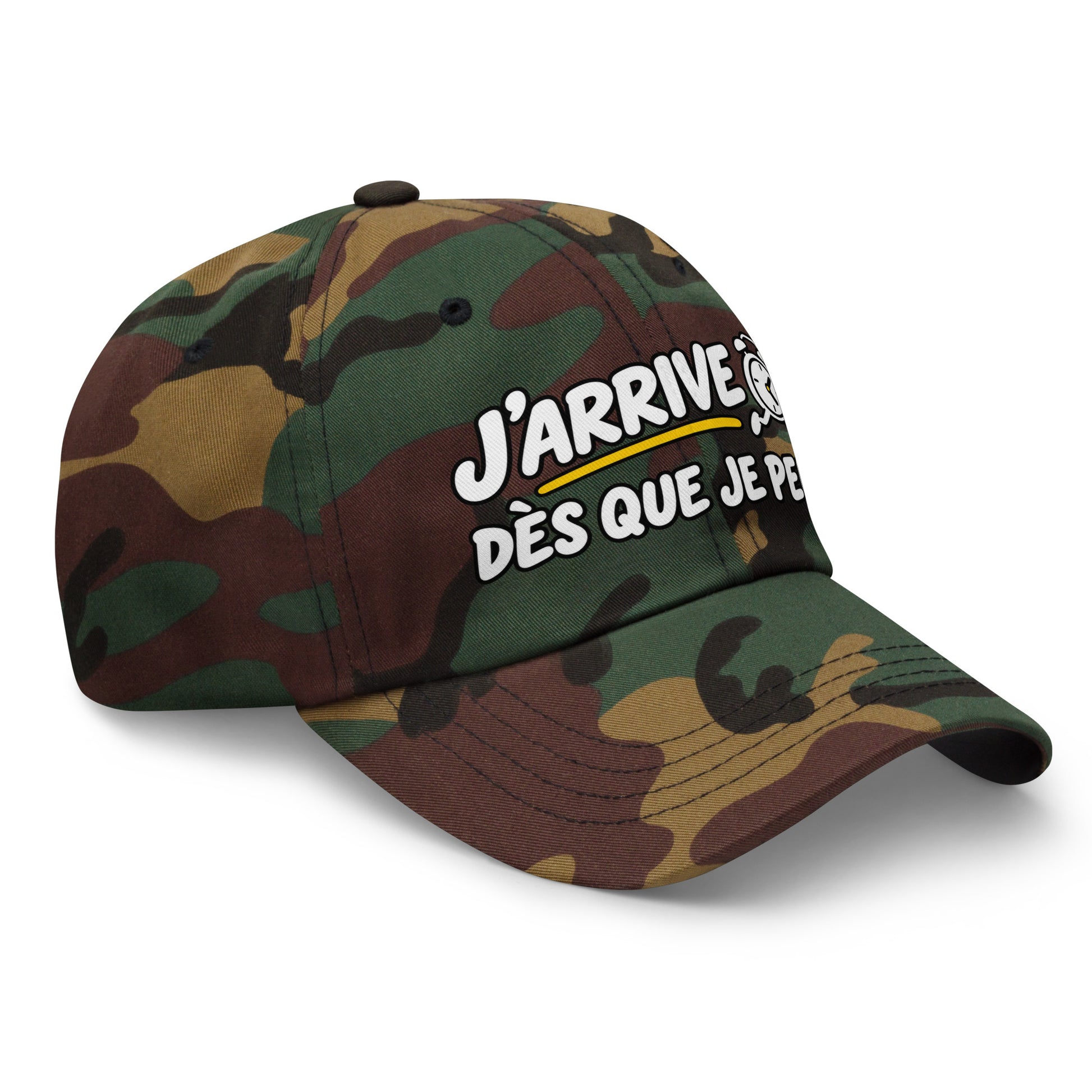 Casquette Baseball, brodée « J'arrive dès que je peux », en Camouflage Vert, vue de trois quarts, image 29