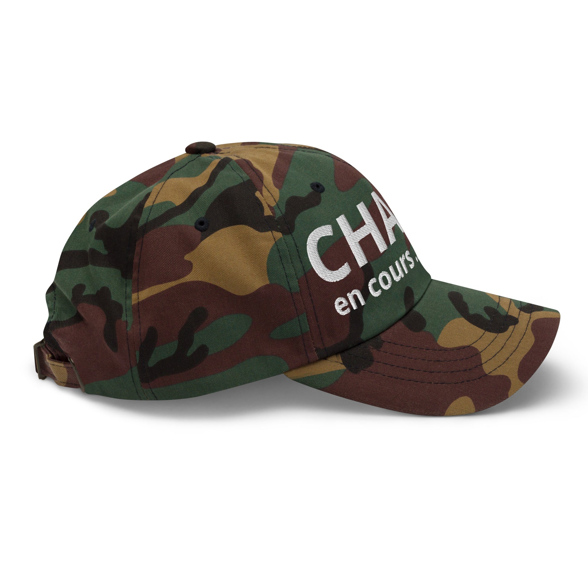 Casquette Baseball, brodée « Chasse en cours ... CHUT ! », en Camouflage Vert, vue de côté, image 31