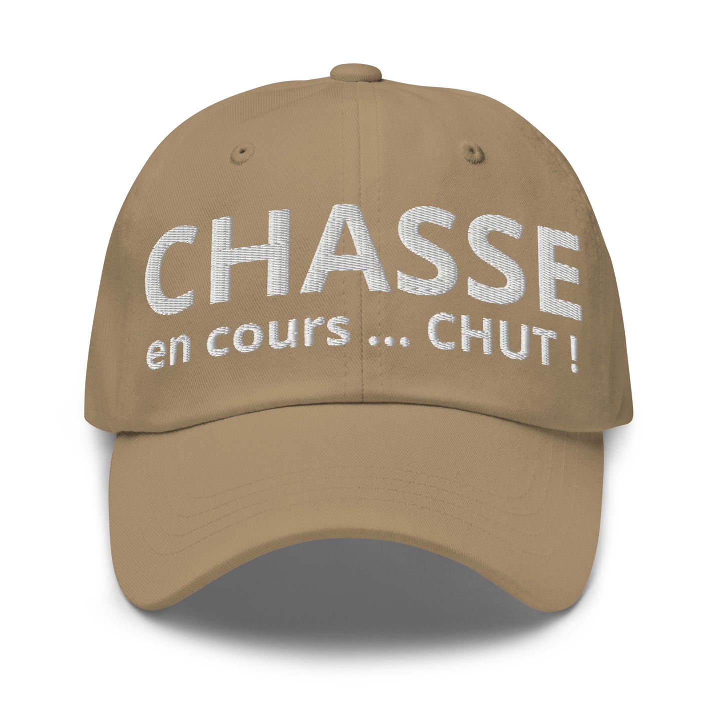 Casquette Baseball, brodée « Chasse en cours ... CHUT ! », en Kaki, vue de face, image 5