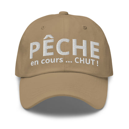 Casquette Baseball, brodée « Pêche en cours ... CHUT ! », en Kaki, vue de face, image 16