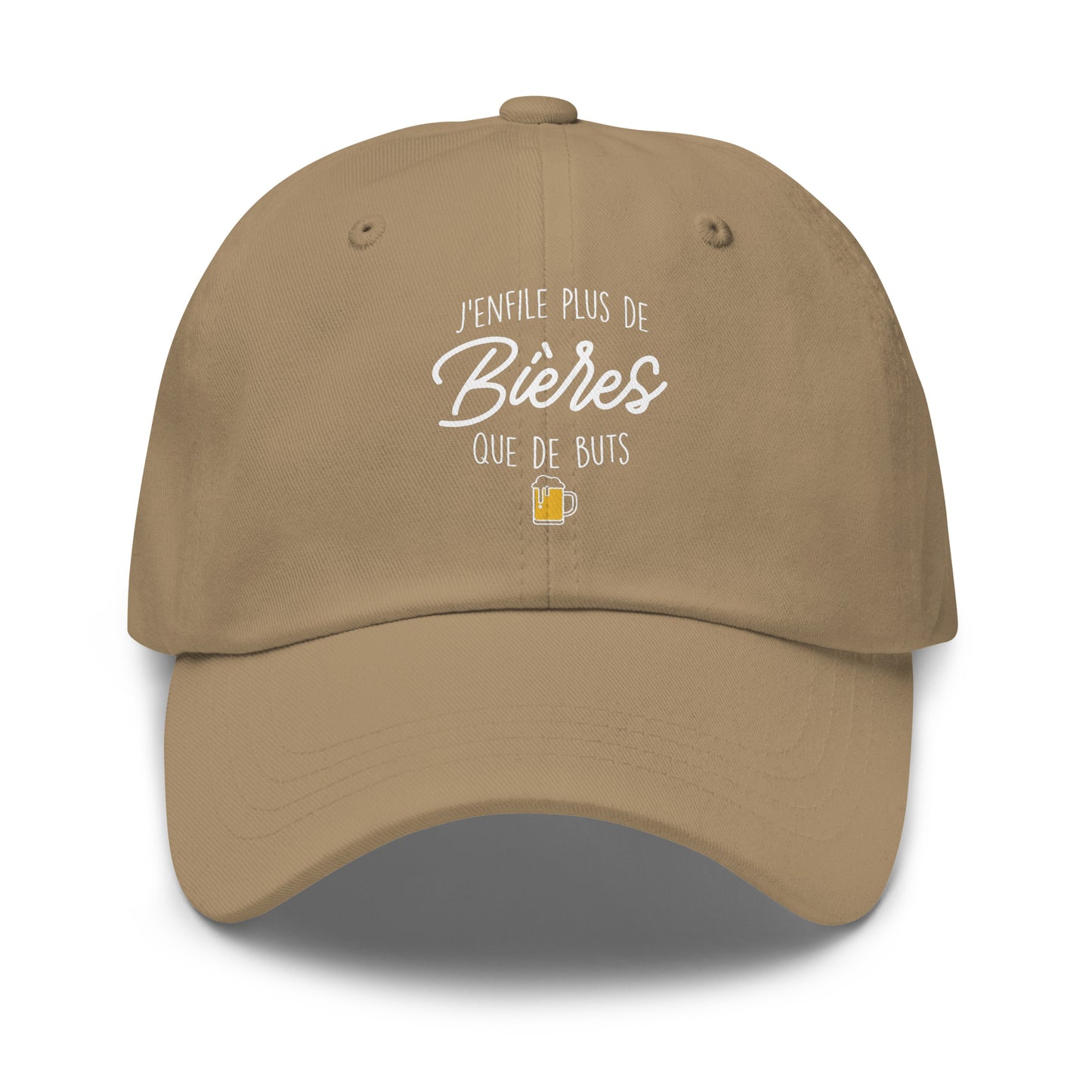 Casquette Baseball, brodée « J'enfile plus de bières que de buts », en Kaki, vue de face, image 6
