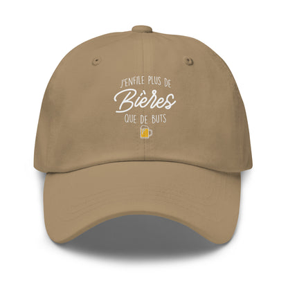 Casquette Baseball, brodée « J'enfile plus de bières que de buts », en Kaki, vue de face, image 6