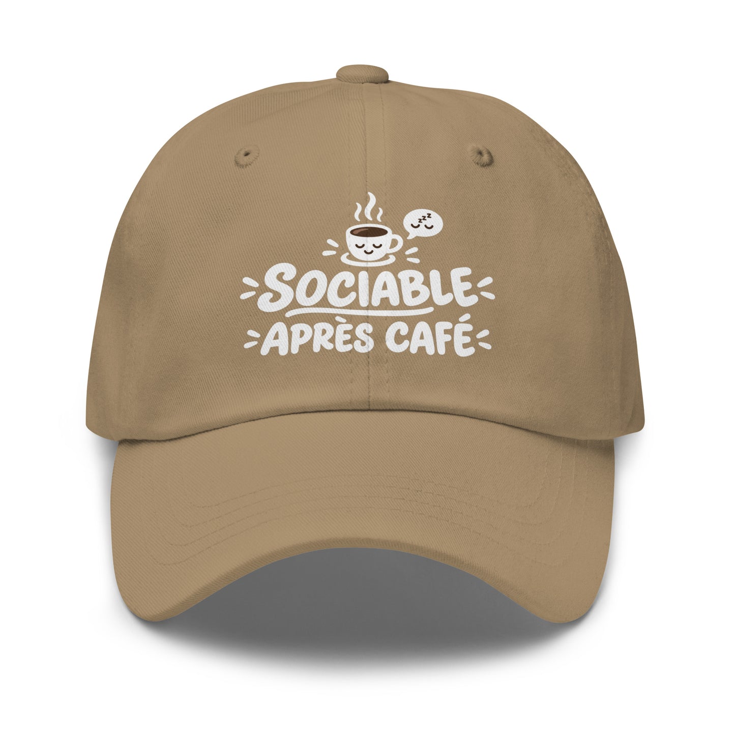 Casquette Baseball, brodée « Sociable après café », en Kaki, vue de face, image 31