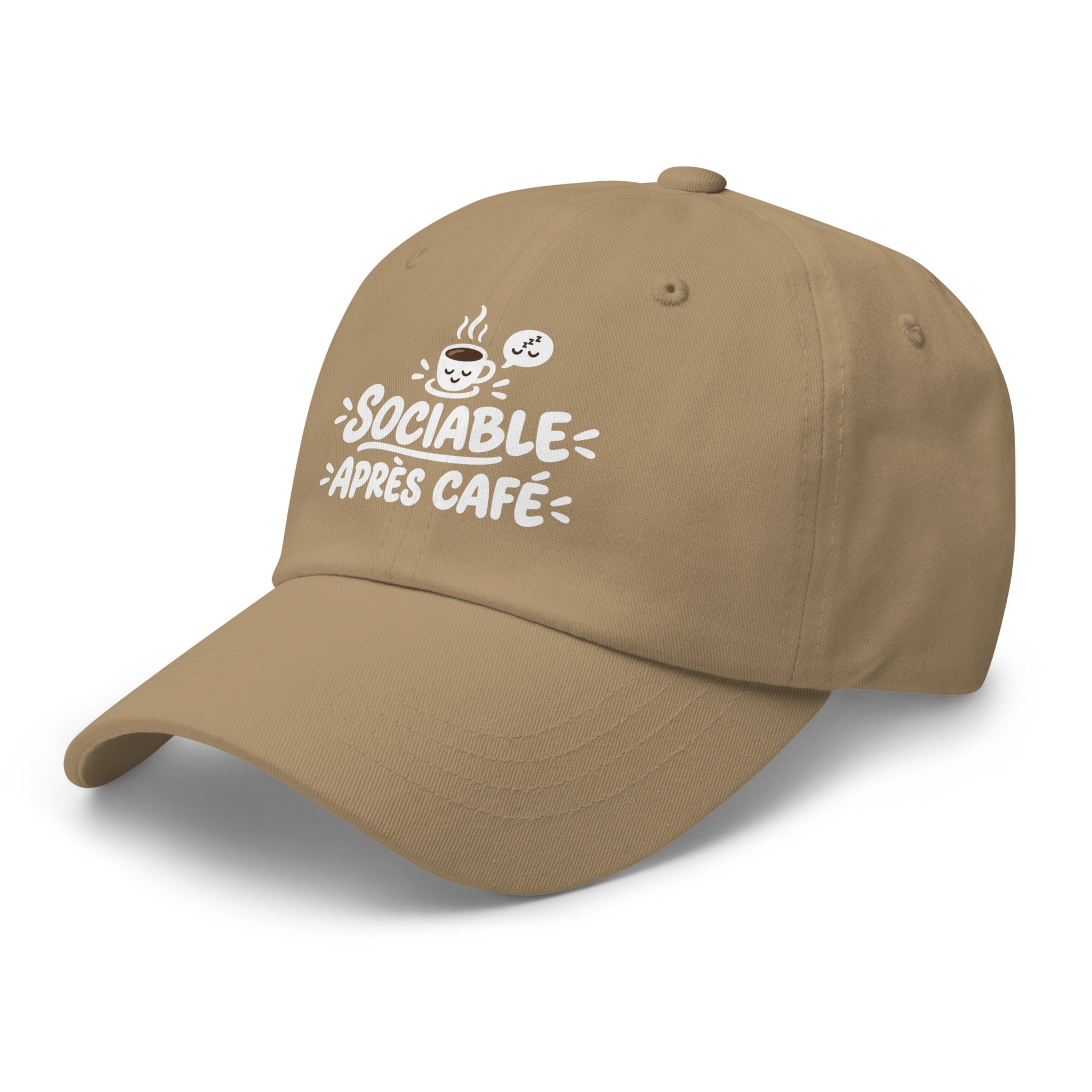 Casquette Baseball, brodée « Sociable après café », en Kaki, vue de trois quarts, image 33