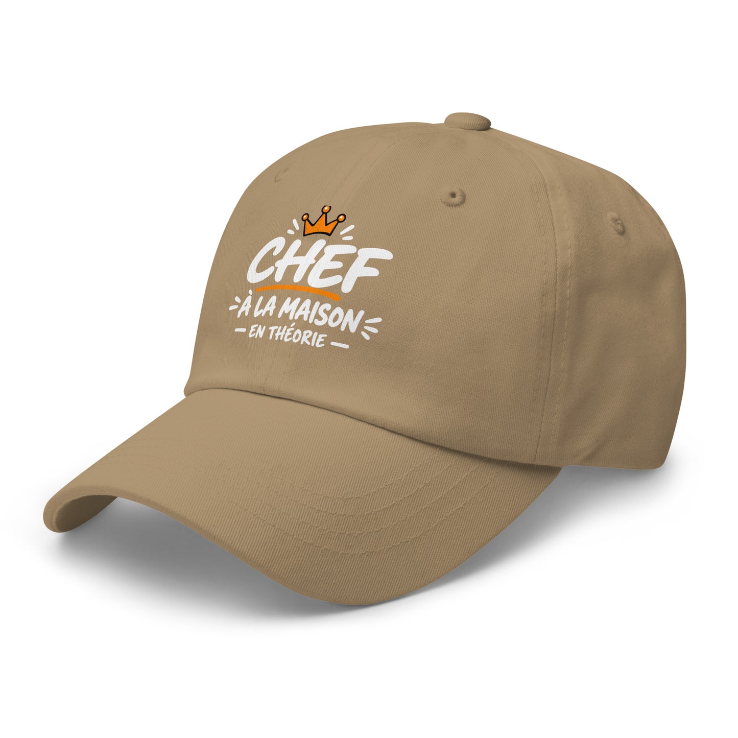 Casquette Baseball, brodée « Chef à la maison, en théorie », en Kaki, vue de trois quarts