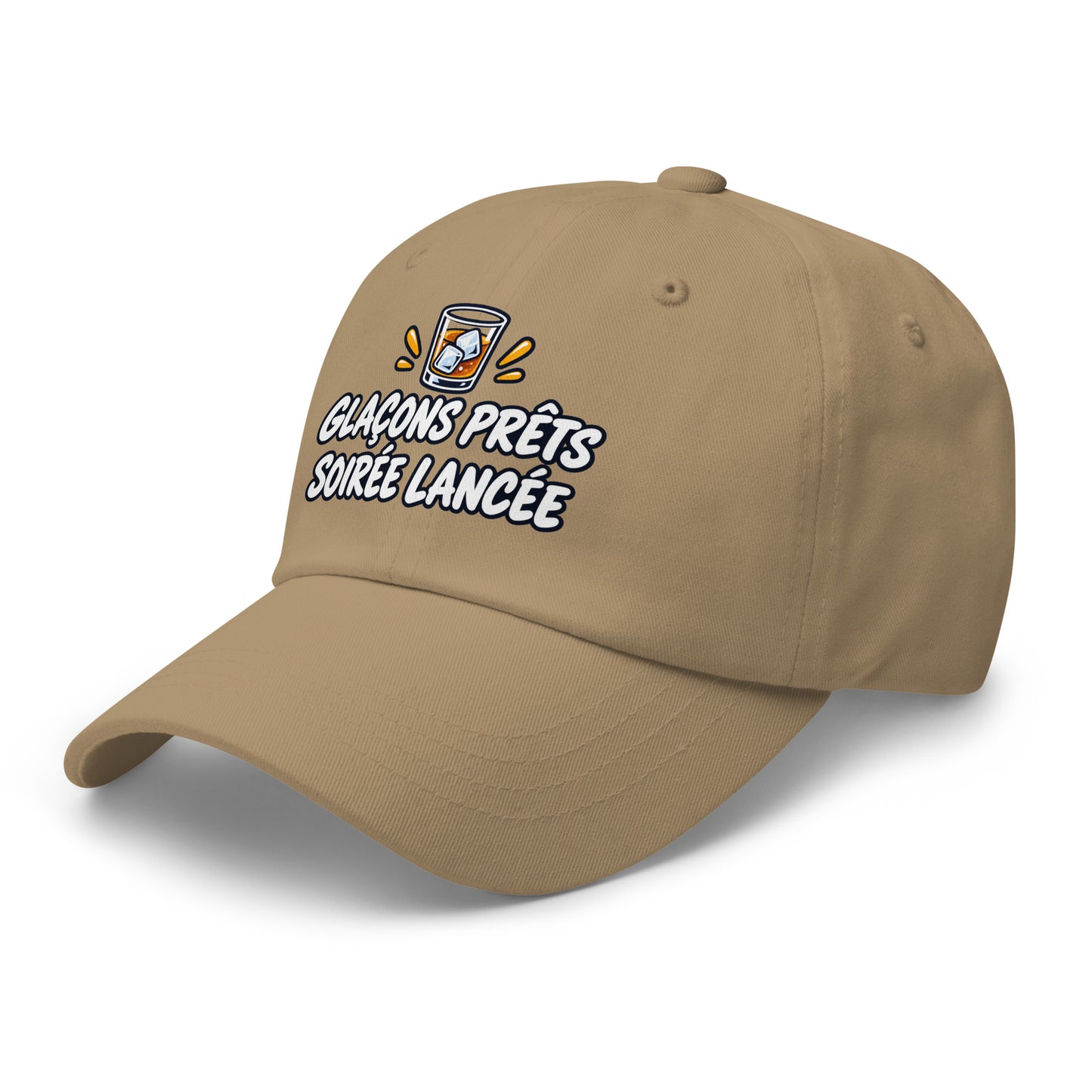 Casquette Baseball, brodée « Glaçons prêts, soirée lancée », en Kaki, vue de trois quarts, image 34