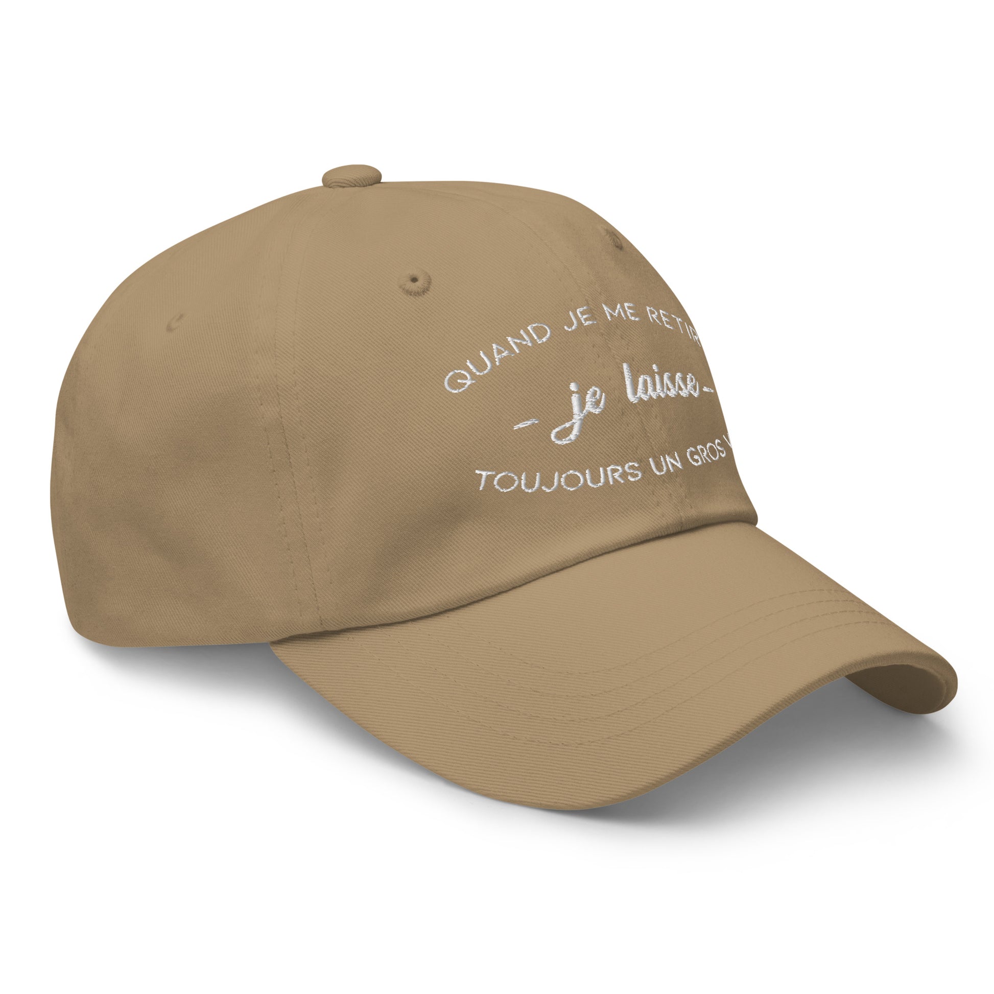Casquette Baseball, brodée « Quand je me retire, je laisse toujours un gros vide », en Kaki, vue de trois quarts, image 36