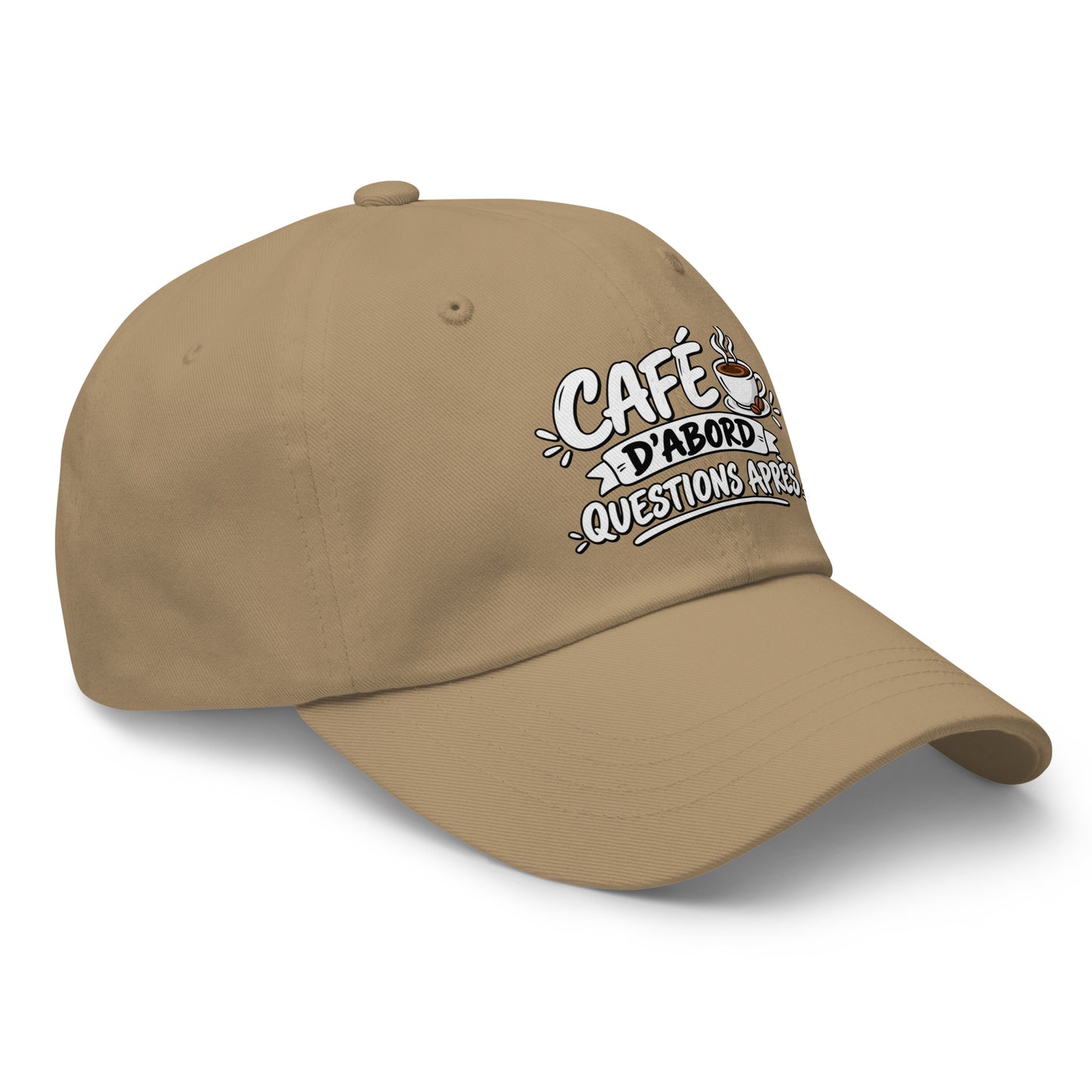 Casquette Baseball, brodée « Café d'abord, questions après », en Kaki, vue de trois quarts, image 36