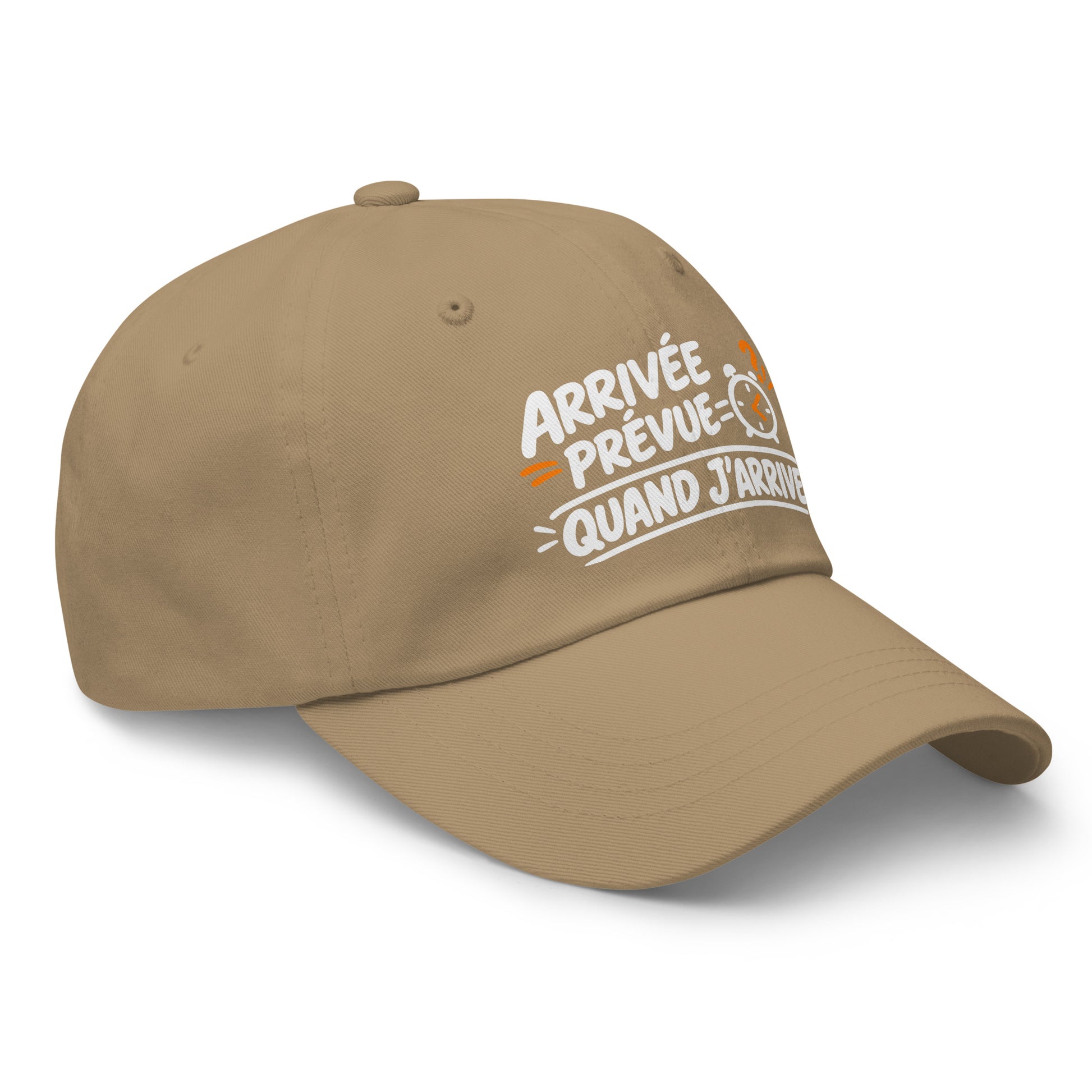 Casquette Baseball, brodée « Arrivée prévue ? quand j'arrive », en Kaki, vue de trois quarts, image 36