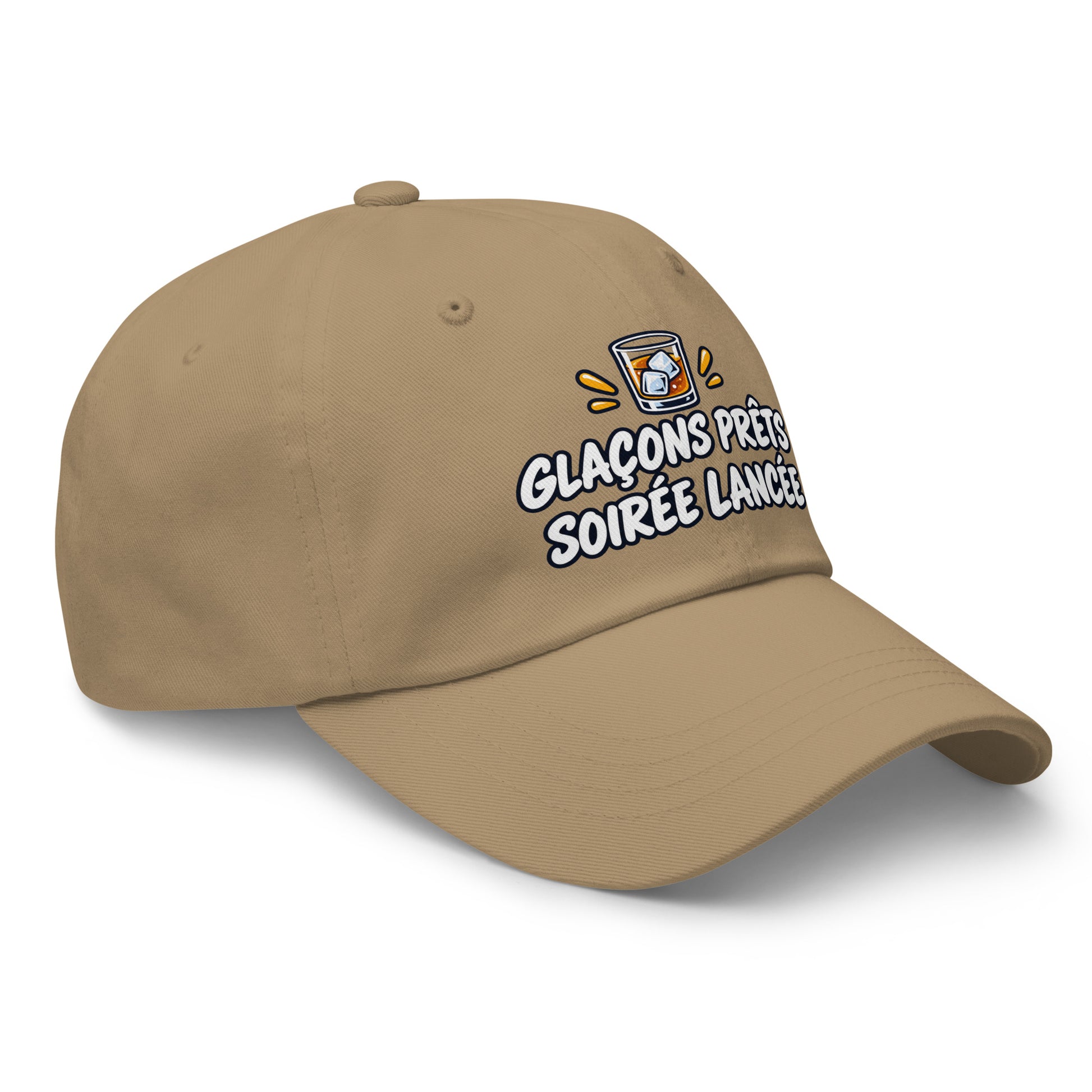 Casquette Baseball, brodée « Glaçons prêts, soirée lancée », en Kaki, vue de trois quarts, image 36