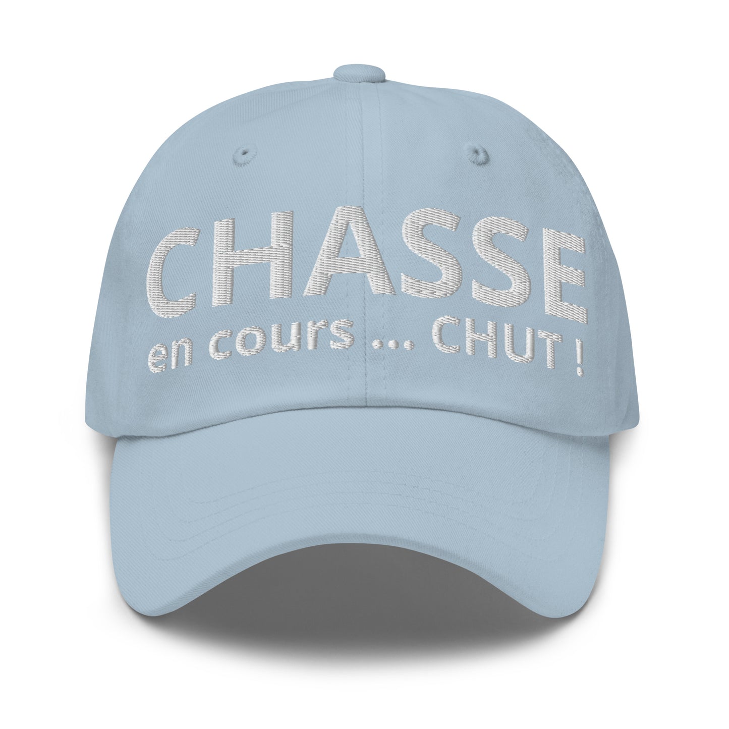 Casquette Baseball, brodée « Chasse en cours ... CHUT ! », en Bleu Clair, vue de face, image 7