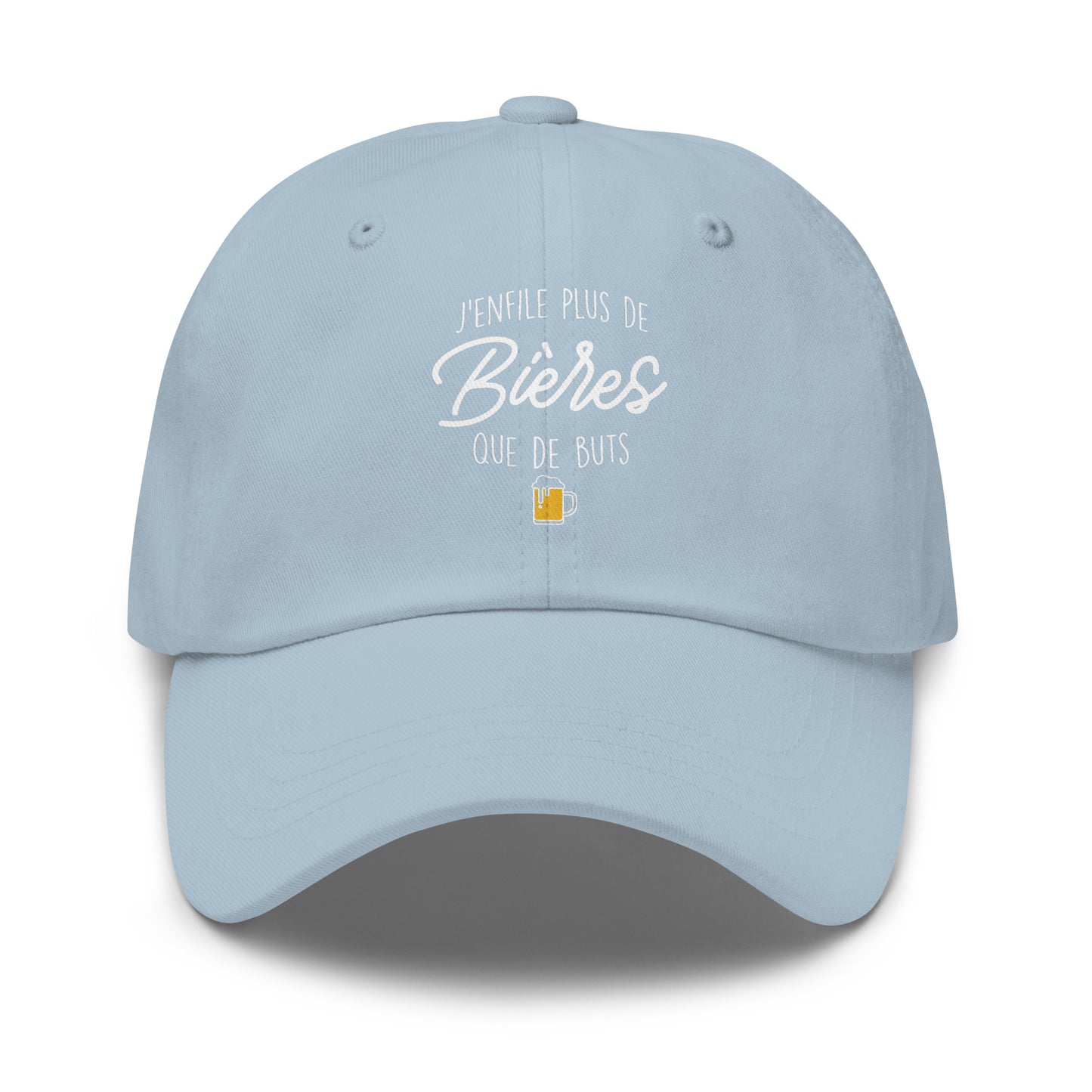 Casquette Baseball, brodée « J'enfile plus de bières que de buts », en Bleu Clair, vue de face, image 2