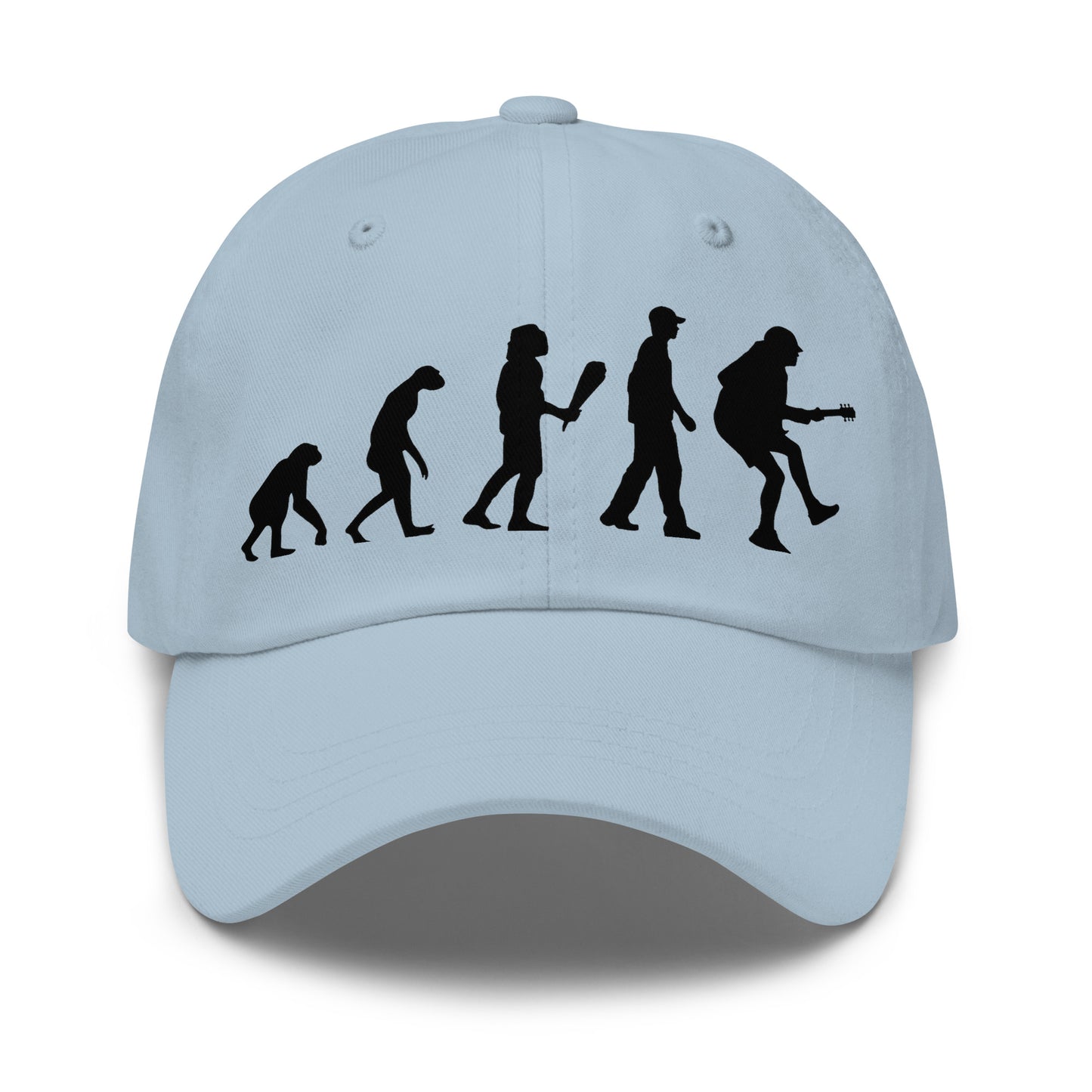 Casquette Baseball, brodée « Evolution de l'homme jusqu'à un guitariste », en Bleu Clair, vue de face, image 4