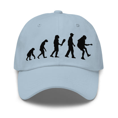 Casquette Baseball, brodée « Evolution de l'homme jusqu'à un guitariste », en Bleu Clair, vue de face, image 4