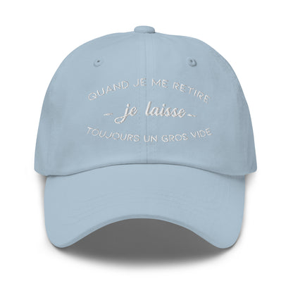 Casquette Baseball, brodée « Quand je me retire, je laisse toujours un gros vide », en Bleu Clair, vue de face, image 50