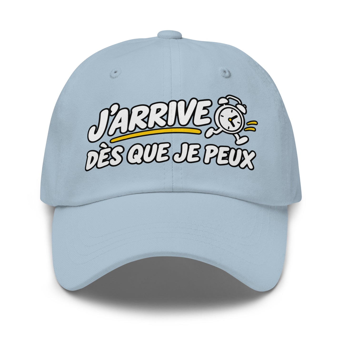 Casquette Baseball, brodée « J'arrive dès que je peux », en Bleu Clair, vue de face, image 49