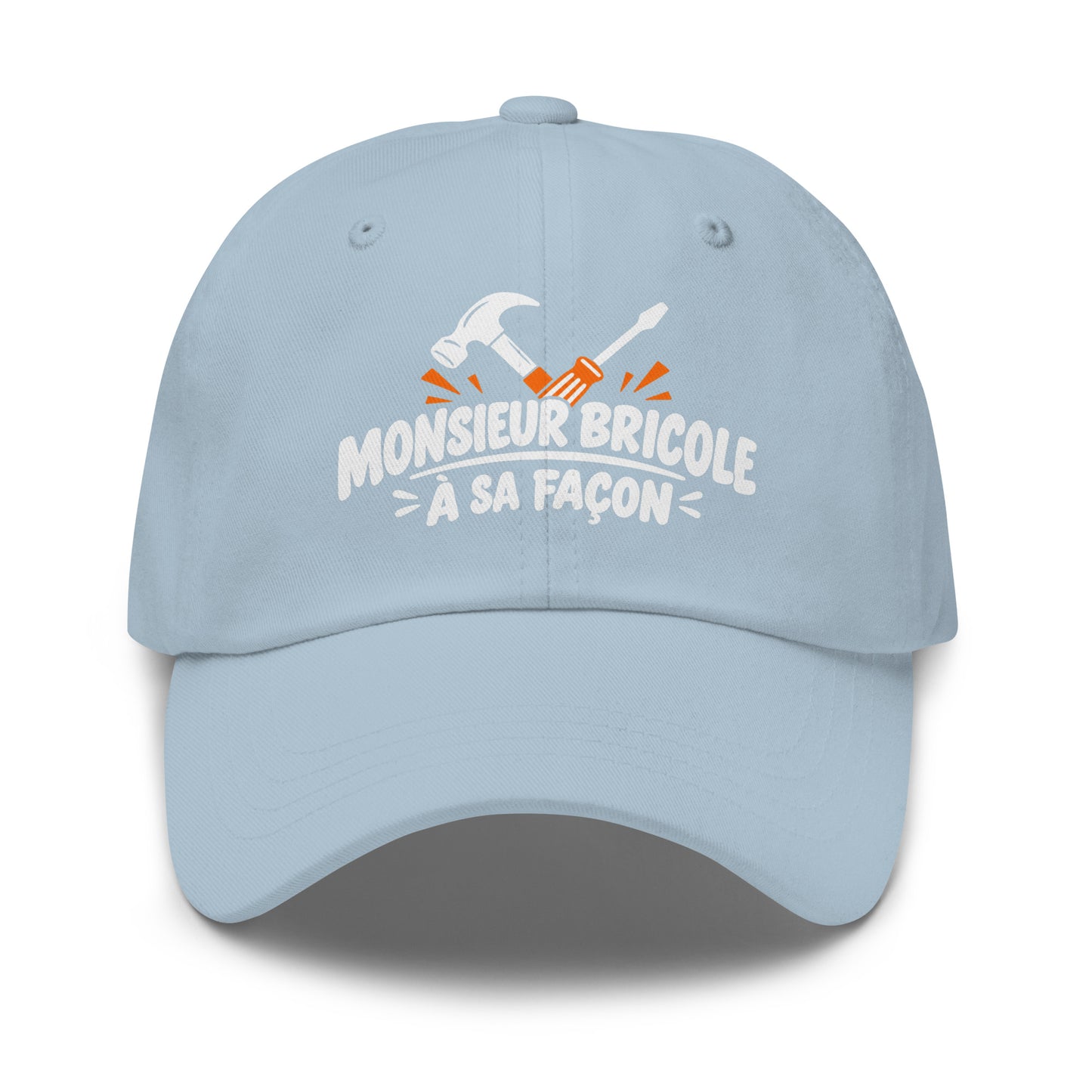 Casquette Baseball, brodée « Monsieur bricole, à sa façon », en Bleu Clair, vue de face, image 49
