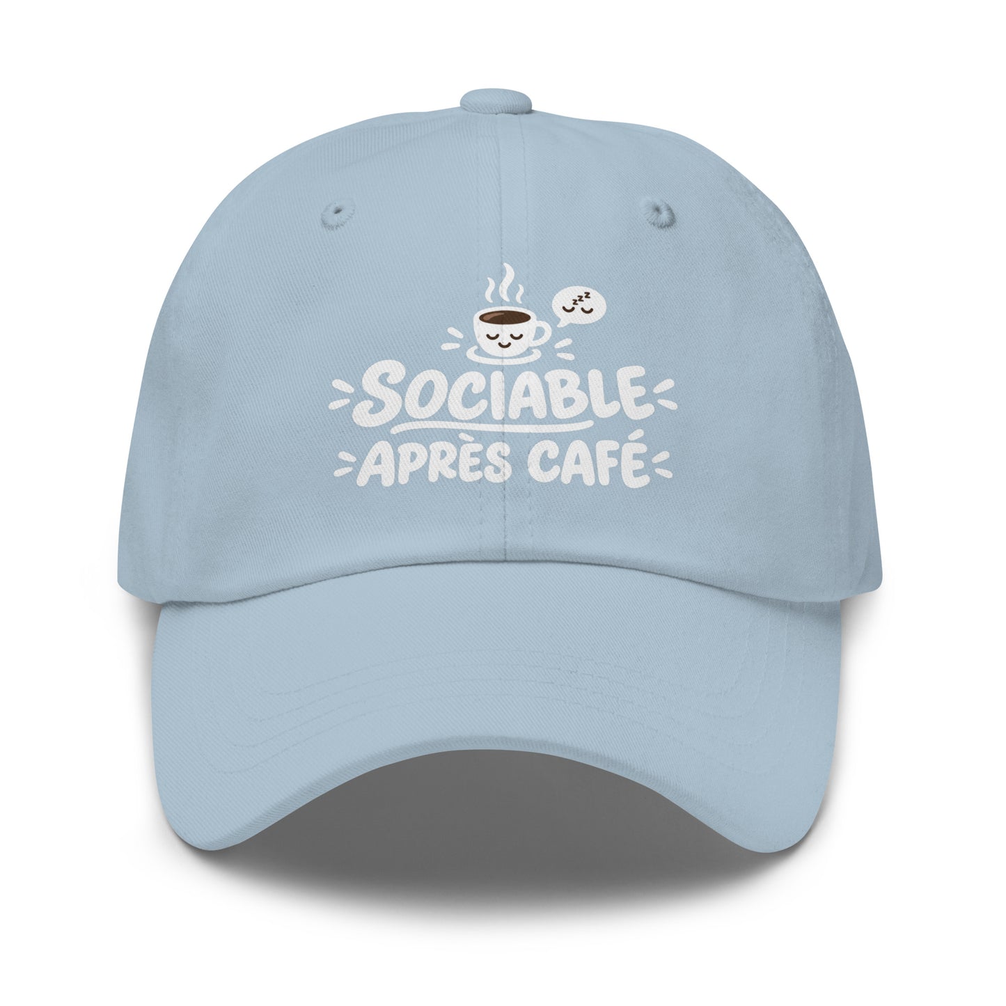 Casquette Baseball, brodée « Sociable après café », en Bleu Clair, vue de face, image 49