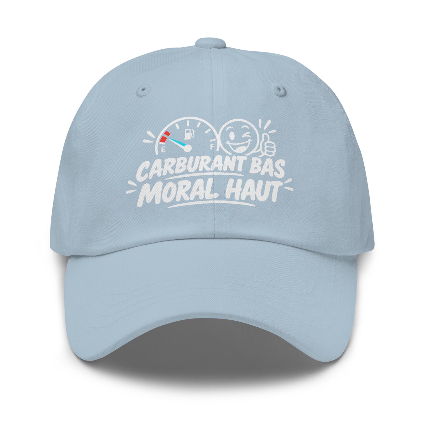 Casquette Baseball, brodée « Carburant bas, moral haut », en Bleu Clair, vue de face, image 49