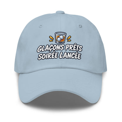 Casquette Baseball, brodée « Glaçons prêts, soirée lancée », en Bleu Clair, vue de face, image 49