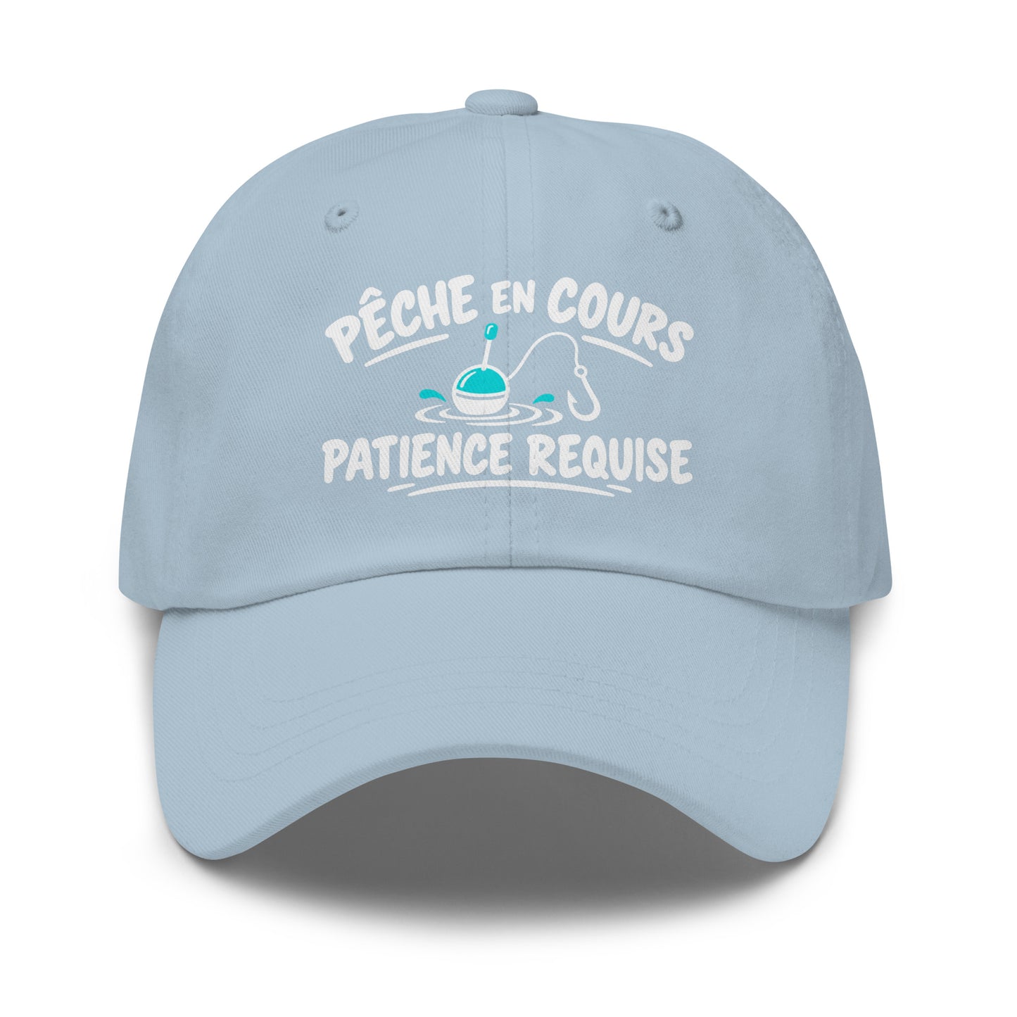 Casquette Baseball, brodée « Pêche en cours, patience requise », en Bleu Clair, vue de face, image 49