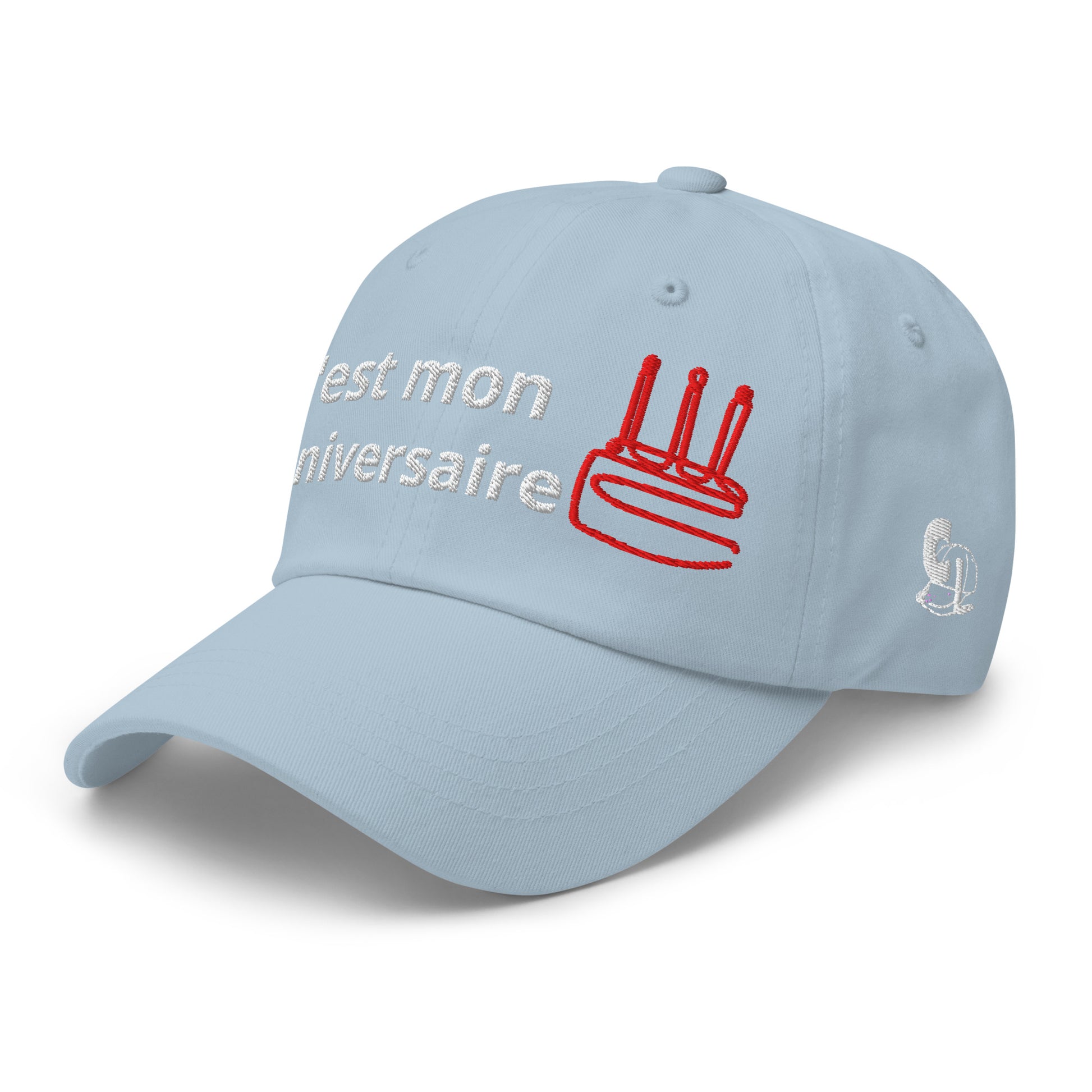 Casquette Baseball, brodée « C'est mon anniversaire », en Bleu Clair, vue de trois quarts, image 53