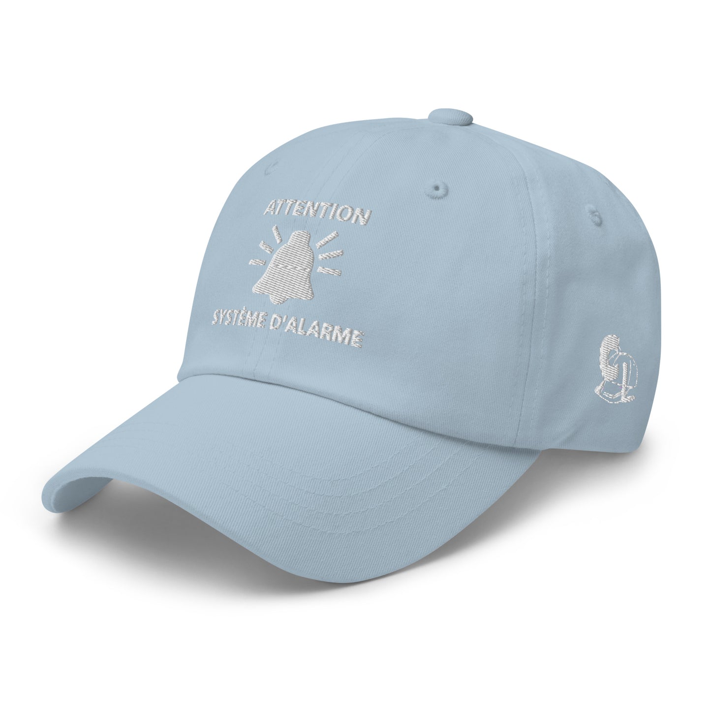 Casquette Baseball, brodée « Attention, système d'alarme », en Bleu Clair, vue de trois quarts, image 59